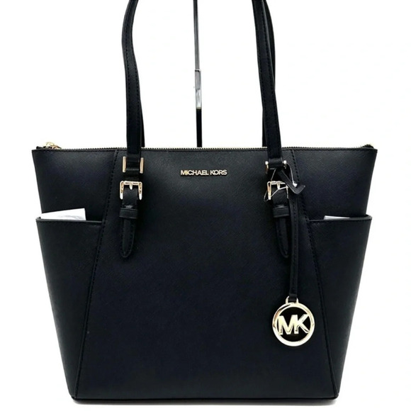 Michael Kors Large Charlotte Tote Bag Leather Black/Gold  (NWT) - Picture 1 of 12